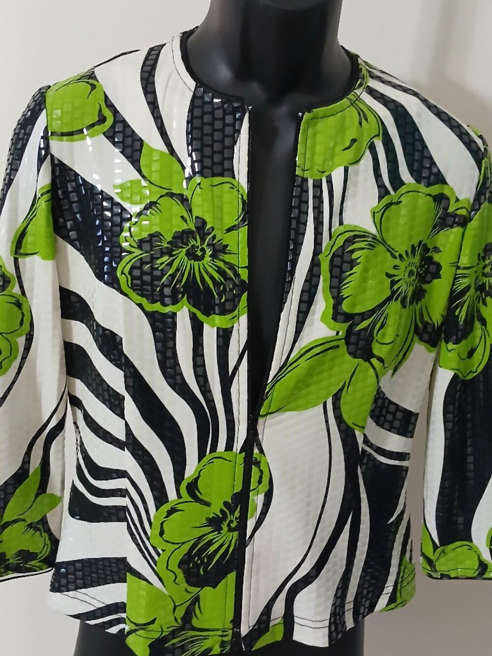 Vintage Joseph Ribkoff Green Floral Zebra Sequin Jacket Size S Made in Canada